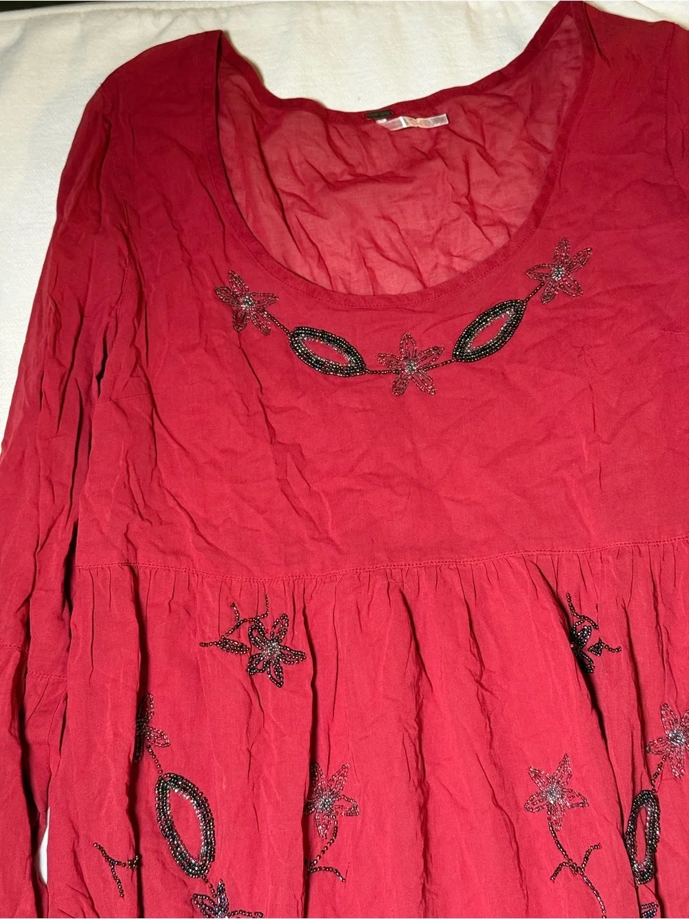 Free People Beaded Embroidered Floral Top Blouse Babydoll Boho